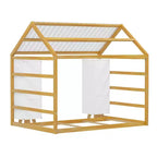Letto a Pavimento con Recinzione a Forma di Casa in Legno, Dimensioni Matrimoniale, Colore Grigio/Naturale, con Ripiani Contenitore, per 1 Bambino