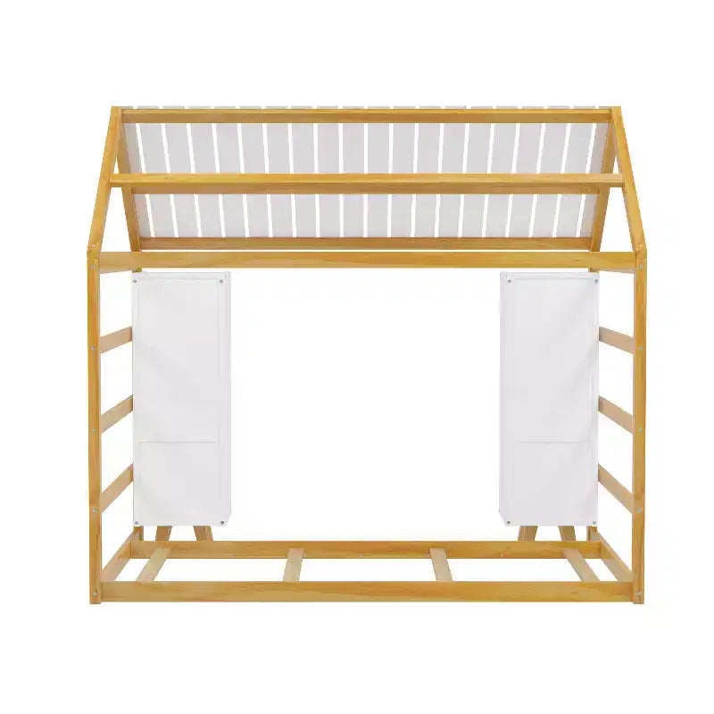 Letto a Pavimento con Recinzione a Forma di Casa in Legno, Dimensioni Matrimoniale, Colore Grigio/Naturale, con Ripiani Contenitore, per 1 Bambino
