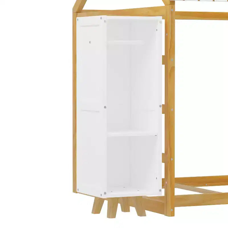 Letto a Pavimento con Recinzione a Forma di Casa in Legno, Dimensioni Matrimoniale, Colore Grigio/Naturale, con Ripiani Contenitore, per 1 Bambino