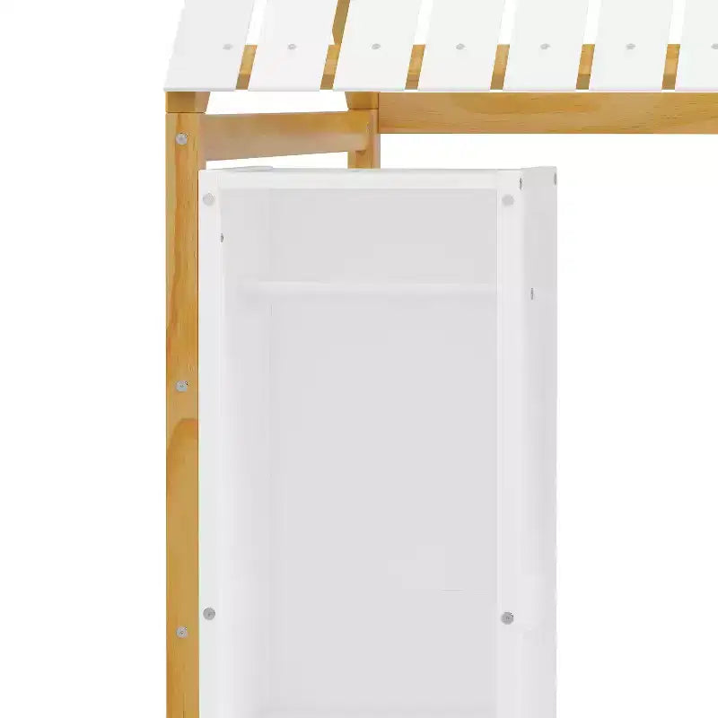 Letto a Pavimento con Recinzione a Forma di Casa in Legno, Dimensioni Matrimoniale, Colore Grigio/Naturale, con Ripiani Contenitore, per 1 Bambino