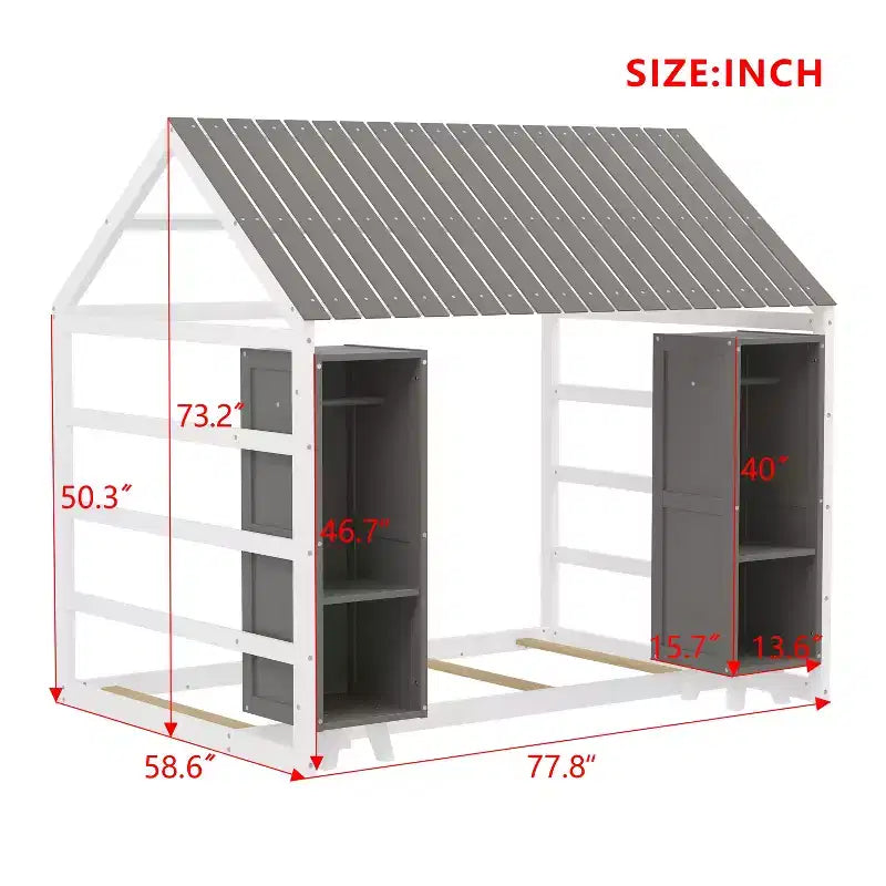 Letto a Pavimento con Recinzione a Forma di Casa in Legno, Dimensioni Matrimoniale, Colore Grigio/Naturale, con Ripiani Contenitore, per 1 Bambino