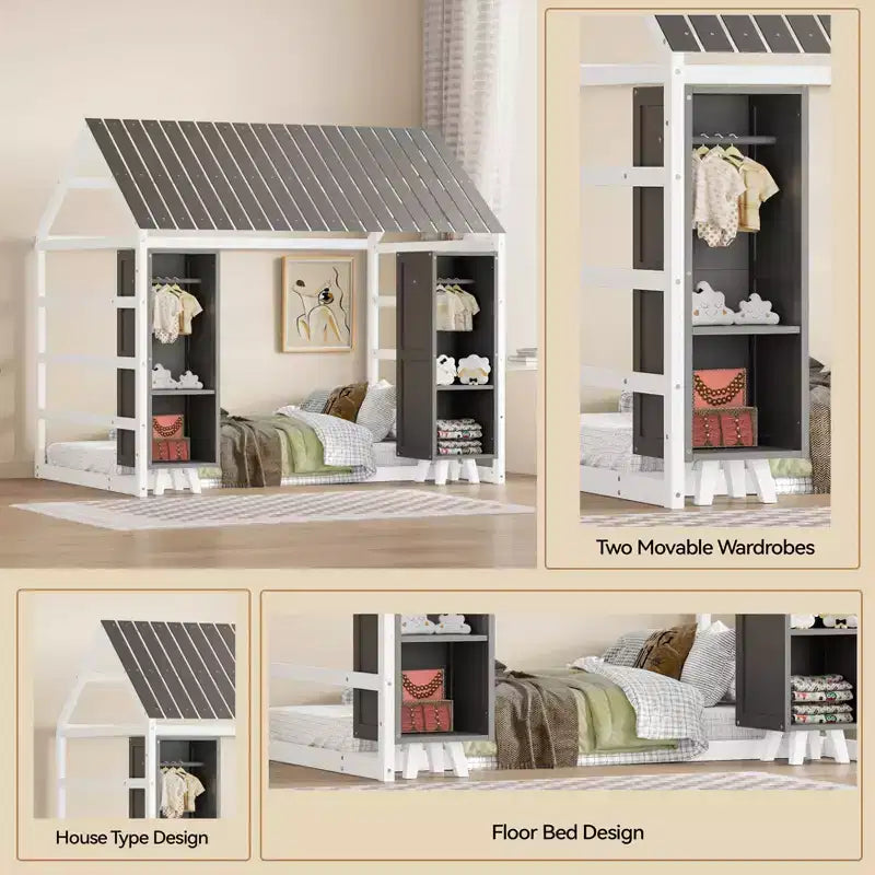 Letto a Pavimento con Recinzione a Forma di Casa in Legno, Dimensioni Matrimoniale, Colore Grigio/Naturale, con Ripiani Contenitore, per 1 Bambino