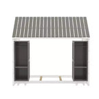 Letto a Pavimento con Recinzione a Forma di Casa in Legno, Dimensioni Matrimoniale, Colore Grigio/Naturale, con Ripiani Contenitore, per 1 Bambino