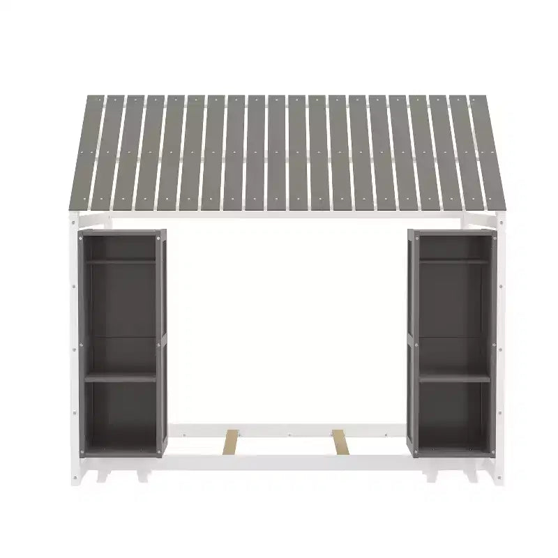 Letto a Pavimento con Recinzione a Forma di Casa in Legno, Dimensioni Matrimoniale, Colore Grigio/Naturale, con Ripiani Contenitore, per 1 Bambino