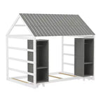 Letto a Pavimento con Recinzione a Forma di Casa in Legno, Dimensioni Matrimoniale, Colore Grigio/Naturale, con Ripiani Contenitore, per 1 Bambino