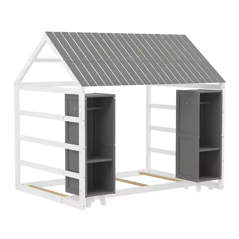 Letto a Pavimento con Recinzione a Forma di Casa in Legno, Dimensioni Matrimoniale, Colore Grigio/Naturale, con Ripiani Contenitore, per 1 Bambino