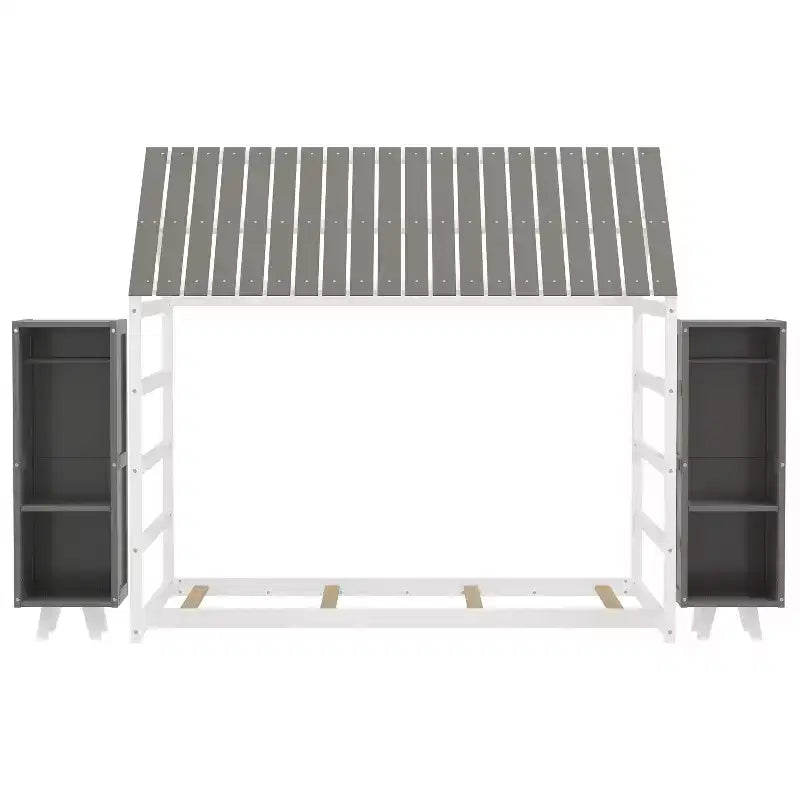 Letto a Pavimento con Recinzione a Forma di Casa in Legno, Dimensioni Matrimoniale, Colore Grigio/Naturale, con Ripiani Contenitore, per 1 Bambino