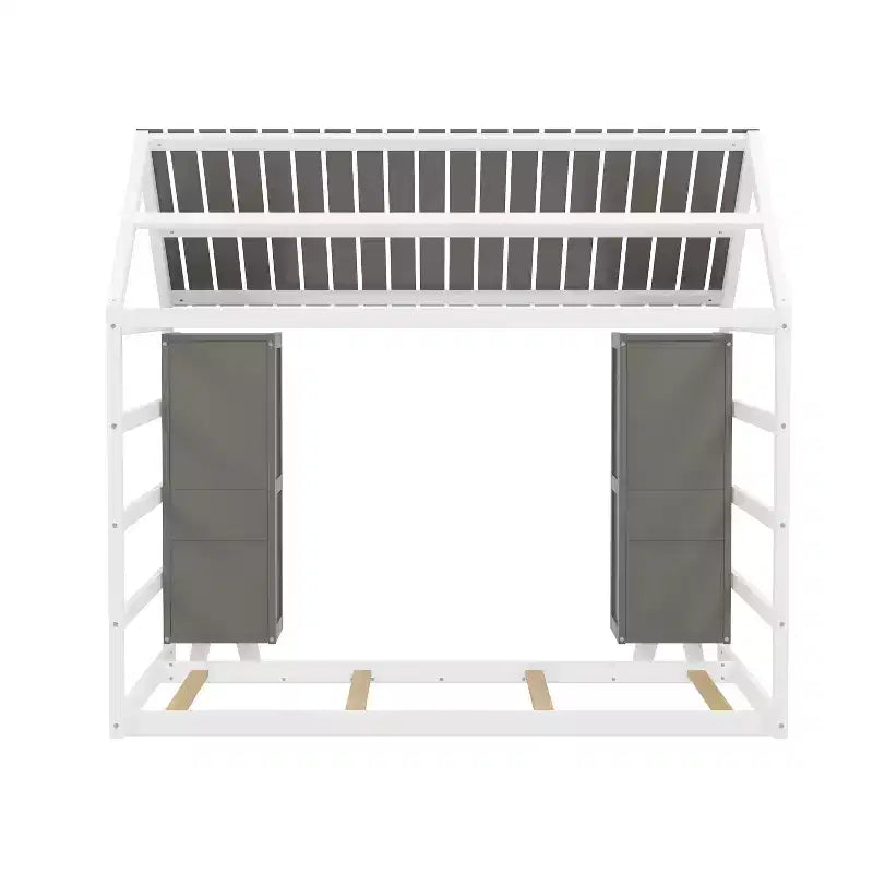 Letto a Pavimento con Recinzione a Forma di Casa in Legno, Dimensioni Matrimoniale, Colore Grigio/Naturale, con Ripiani Contenitore, per 1 Bambino