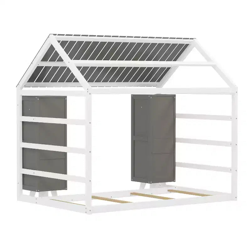 Letto a Pavimento con Recinzione a Forma di Casa in Legno, Dimensioni Matrimoniale, Colore Grigio/Naturale, con Ripiani Contenitore, per 1 Bambino