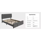 Base letto imbottita con cassetti e testiera trapuntata, Beige/Grigio, Matrimoniale/King