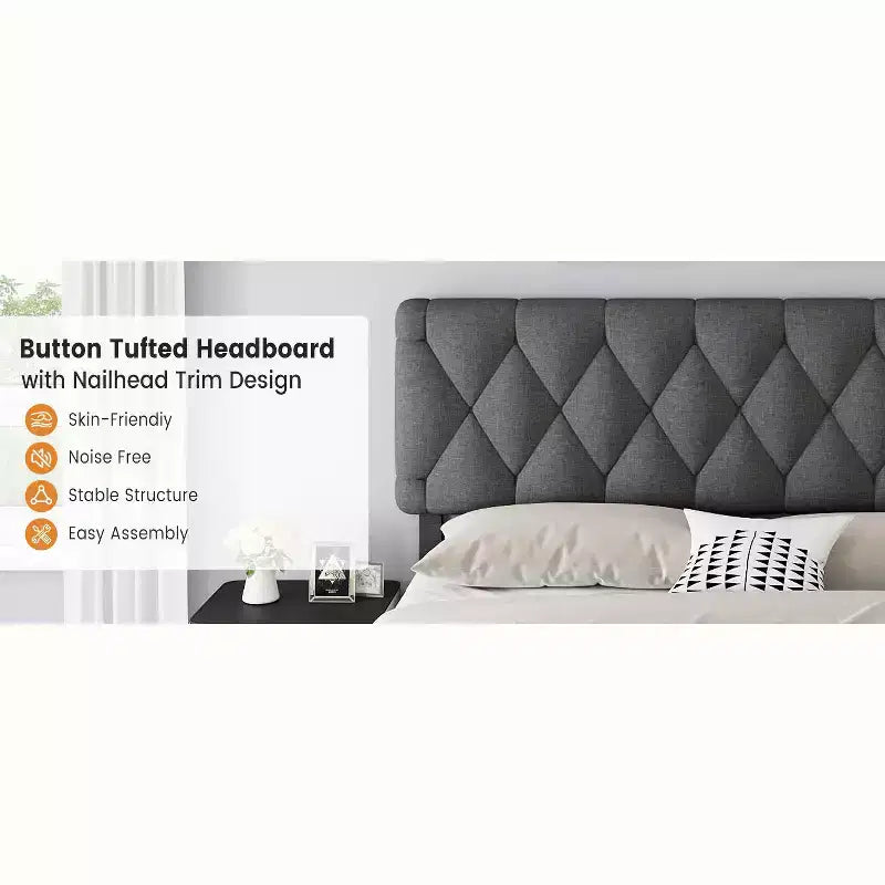 Base letto imbottita con cassetti e testiera trapuntata, Beige/Grigio, Matrimoniale/King