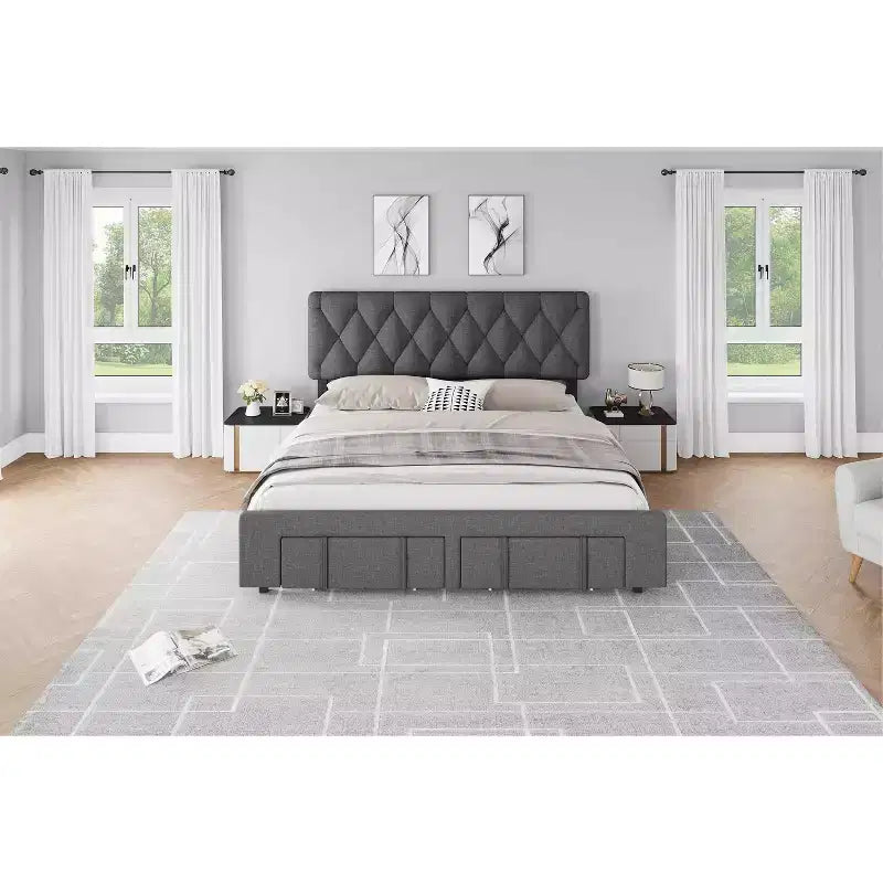 Base letto imbottita con cassetti e testiera trapuntata, Beige/Grigio, Matrimoniale/King