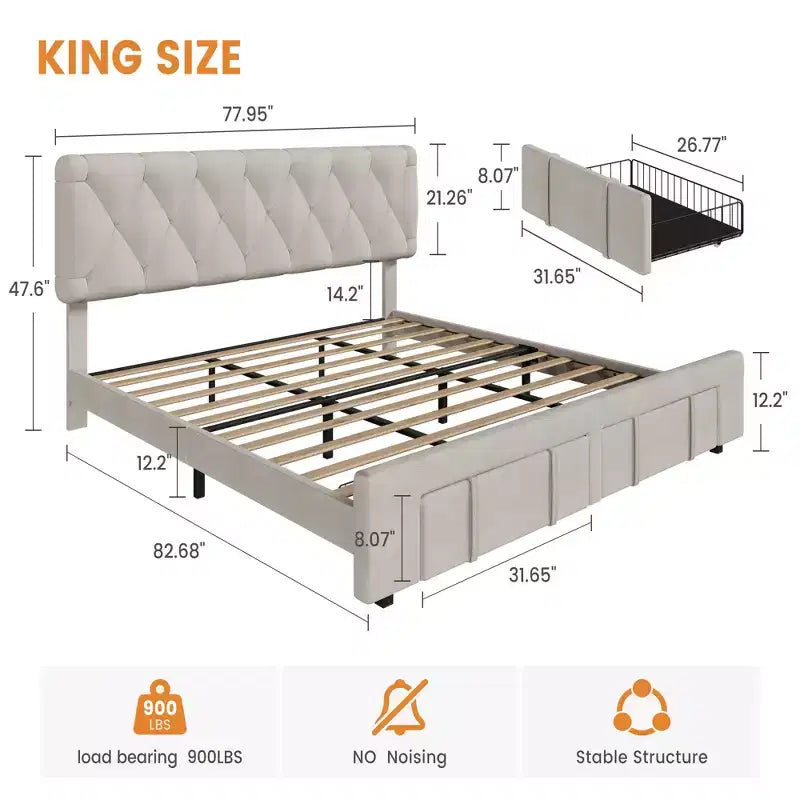 Base letto imbottita con cassetti e testiera trapuntata, Beige/Grigio, Matrimoniale/King