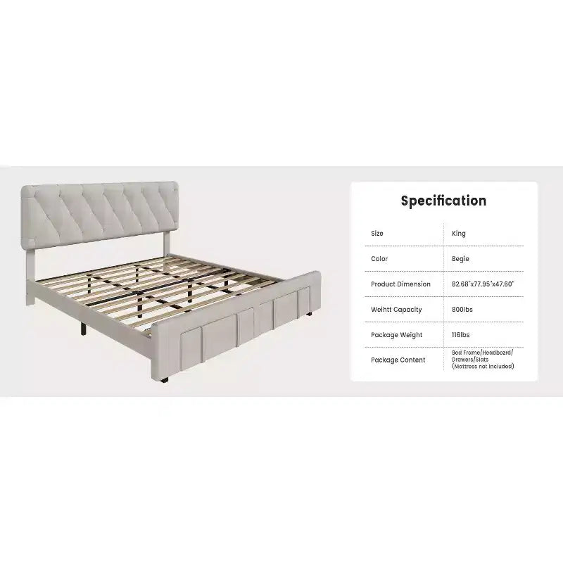 Base letto imbottita con cassetti e testiera trapuntata, Beige/Grigio, Matrimoniale/King