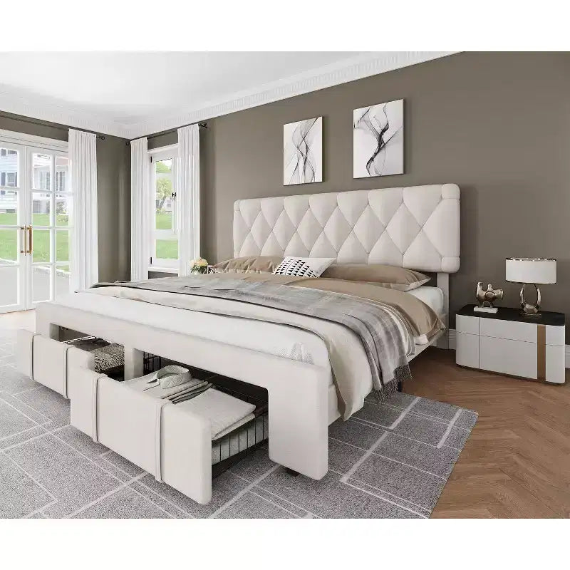 Base letto imbottita con cassetti e testiera trapuntata, Beige/Grigio, Matrimoniale/King