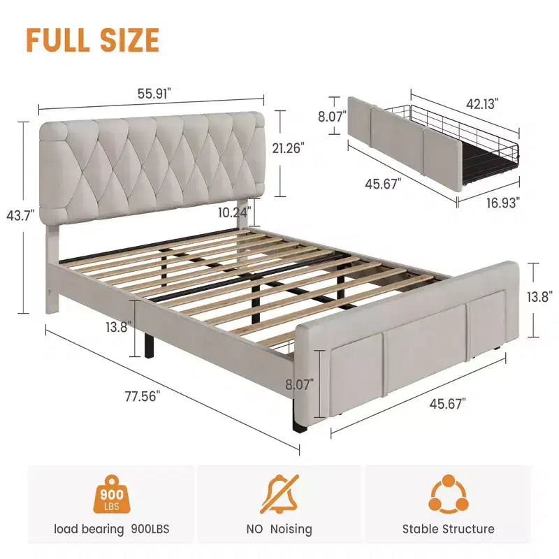 Base letto imbottita con cassetti e testiera trapuntata, Beige/Grigio, Matrimoniale/King