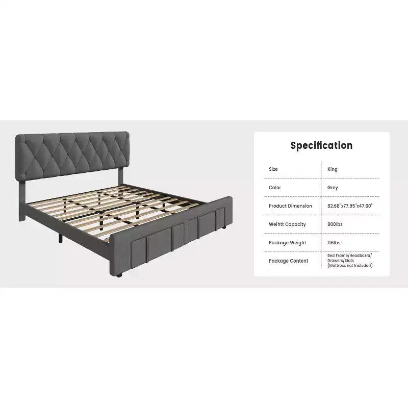 Base letto imbottita con cassetti e testiera trapuntata, Beige/Grigio, Matrimoniale/King