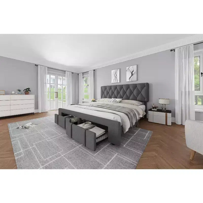 Base letto imbottita con cassetti e testiera trapuntata, Beige/Grigio, Matrimoniale/King