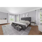 Base letto imbottita con cassetti e testiera trapuntata, Beige/Grigio, Matrimoniale/King