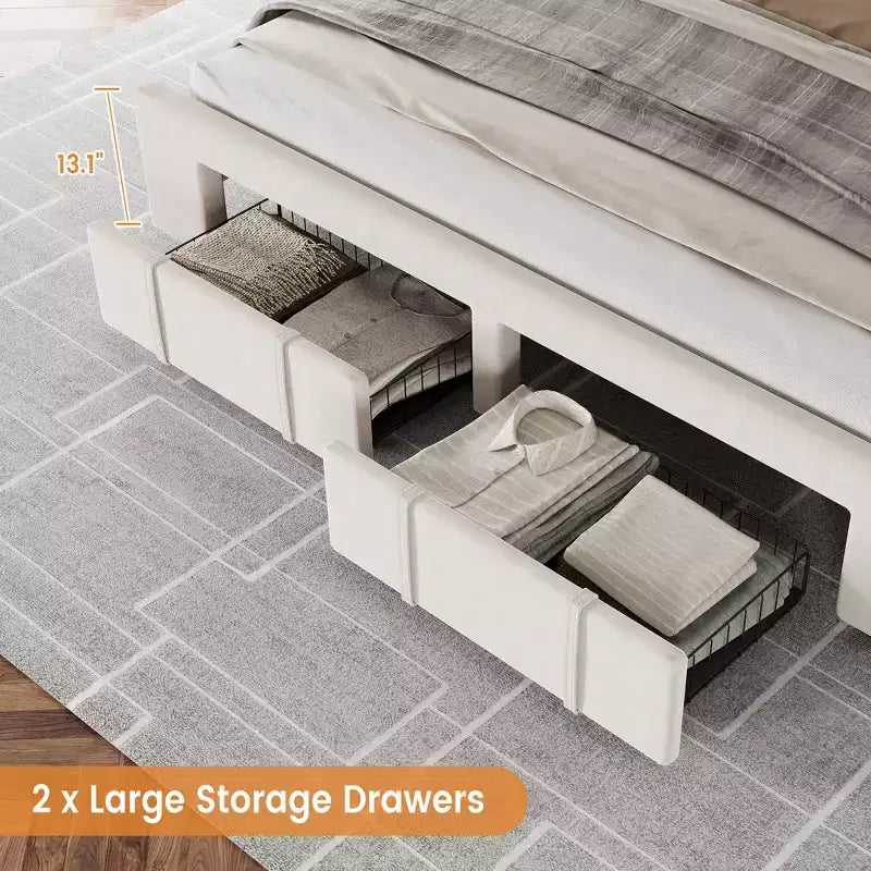 Base letto imbottita con cassetti e testiera trapuntata, Beige/Grigio, Matrimoniale/King