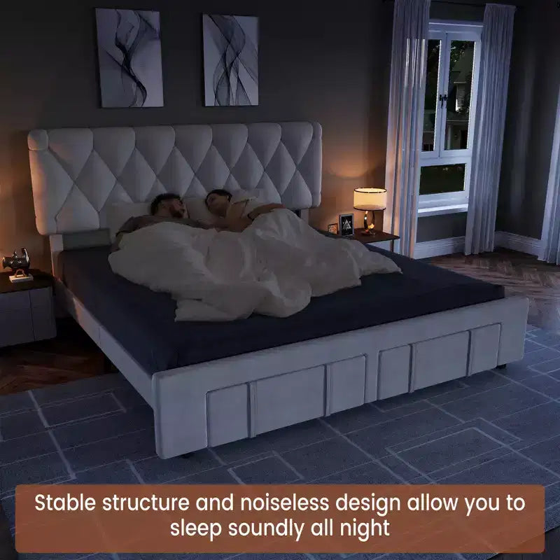 Base letto imbottita con cassetti e testiera trapuntata, Beige/Grigio, Matrimoniale/King