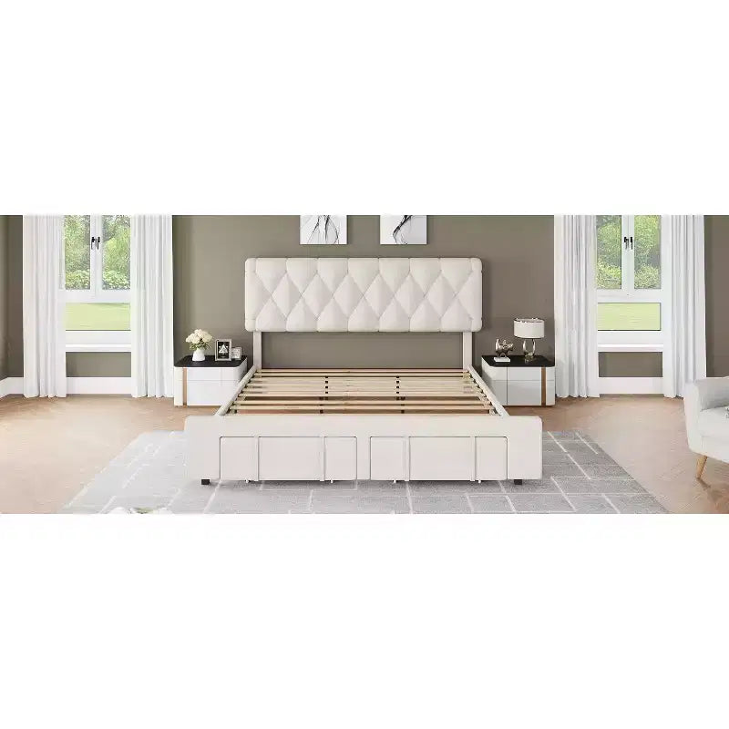 Base letto imbottita con cassetti e testiera trapuntata, Beige/Grigio, Matrimoniale/King