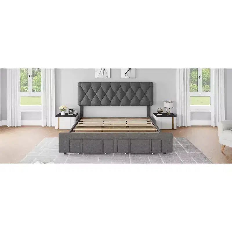 Base letto imbottita con cassetti e testiera trapuntata, Beige/Grigio, Matrimoniale/King