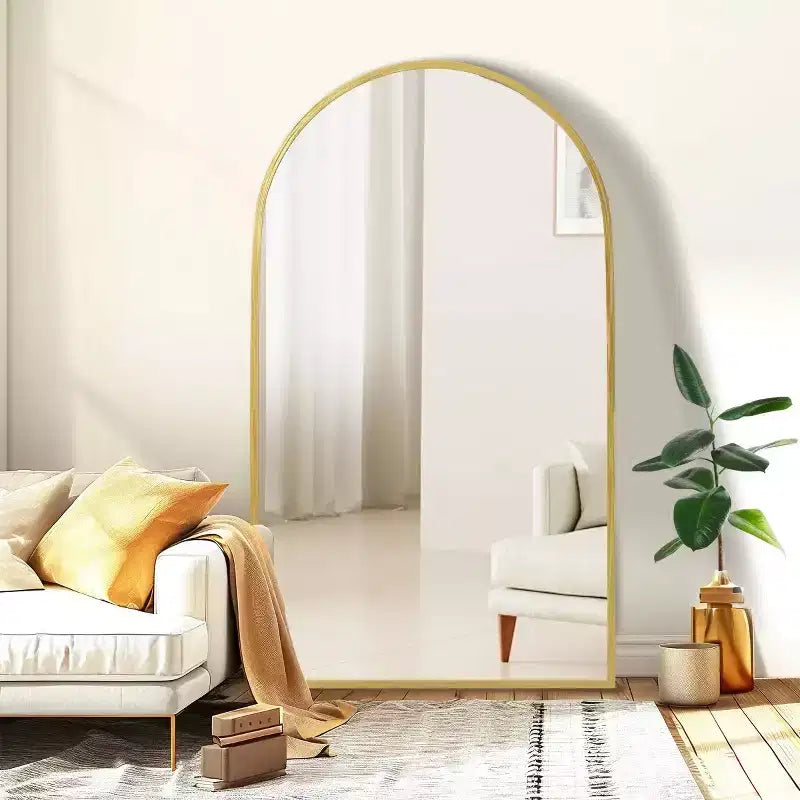 Specchio da Terra Ad Arco Dorato a Tutta Altezza, Cornice in Alluminio, Utilizzo per Più Persone, 170 cm × 99 cm