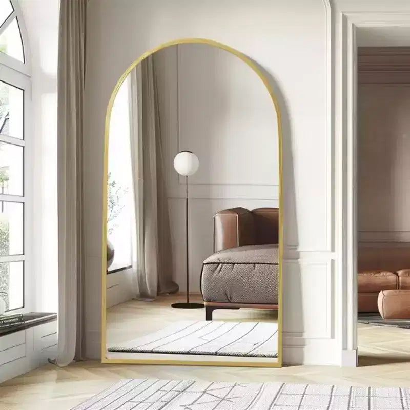Specchio da Terra Ad Arco Dorato a Tutta Altezza, Cornice in Alluminio, Utilizzo per Più Persone, 170 cm × 99 cm