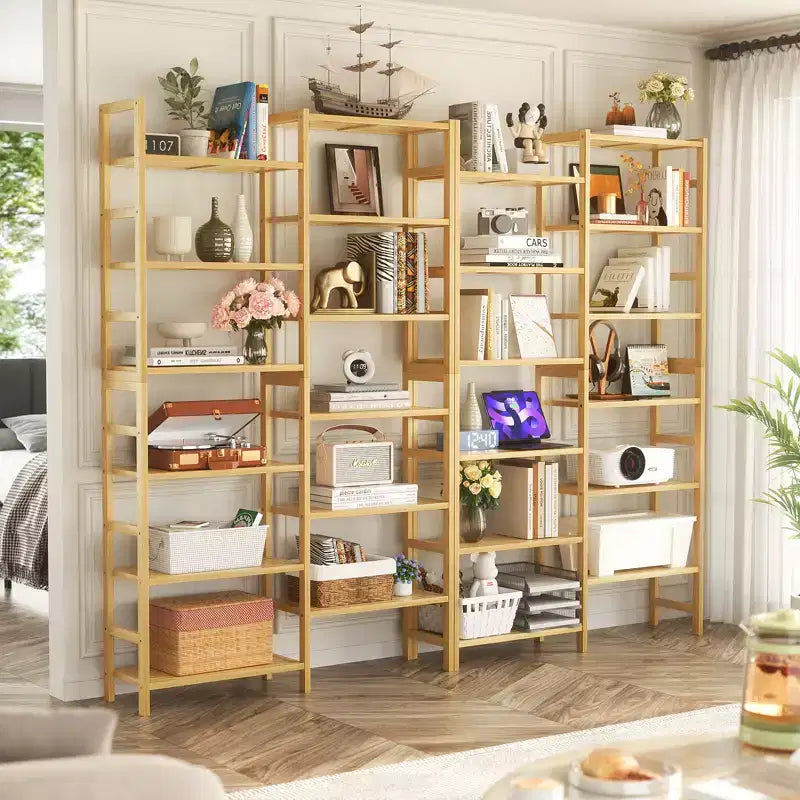 Libreria in bambù a 12 ripiani, nei colori nero/naturale/bianco, montaggio per una persona