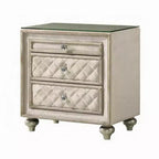Comodino singolo in velluto beige con motivo geometrico, 2 cassetti e vassoio estraibile