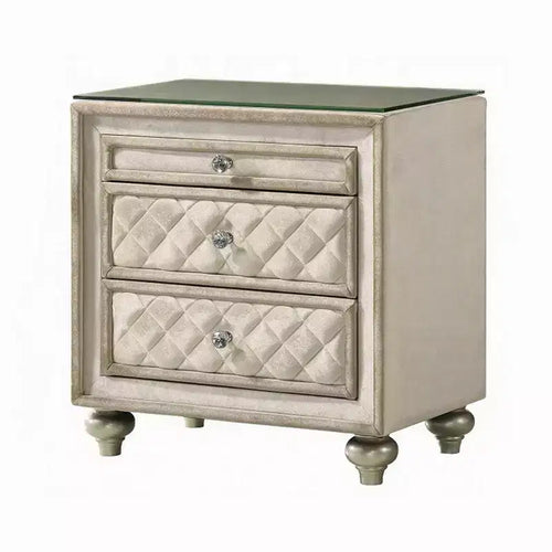 Comodino singolo in velluto beige con motivo geometrico, 2 cassetti e vassoio estraibile