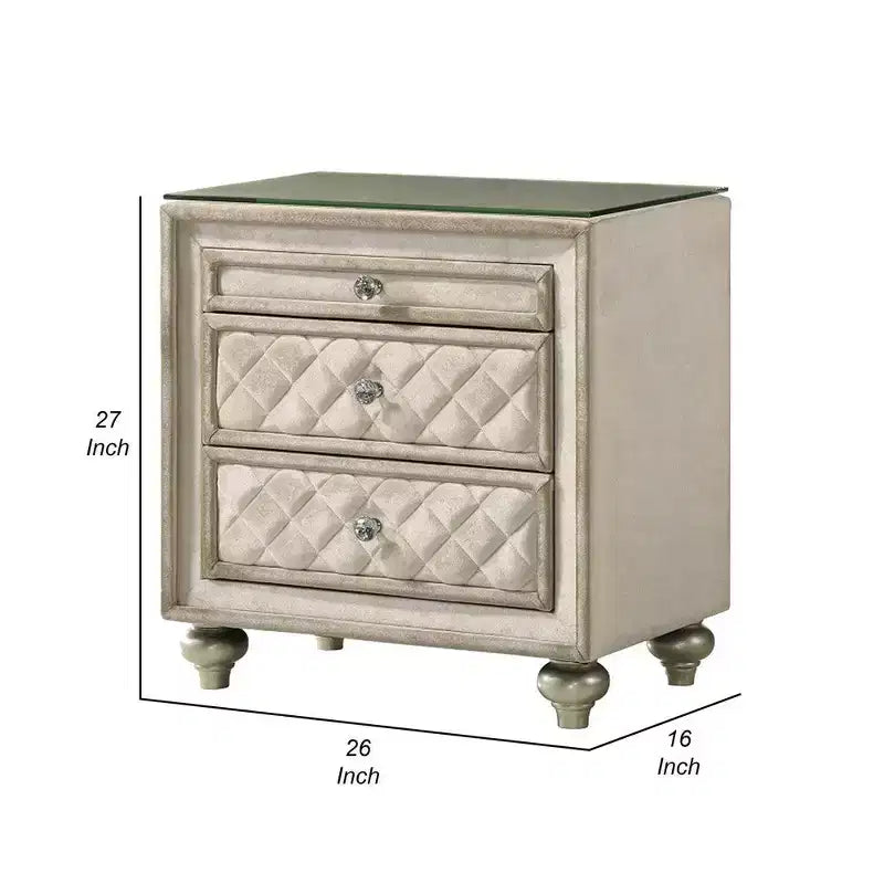 Comodino singolo in velluto beige con motivo geometrico, 2 cassetti e vassoio estraibile