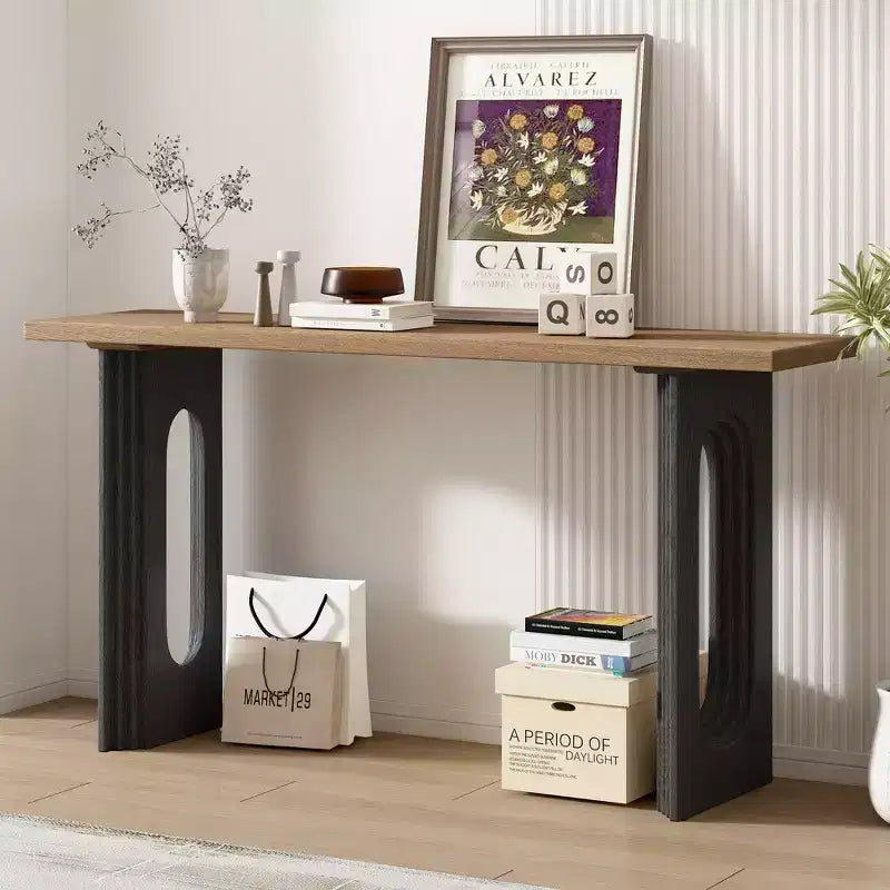 Consolle rettangolare nera/naturale con gambe tonde cave
