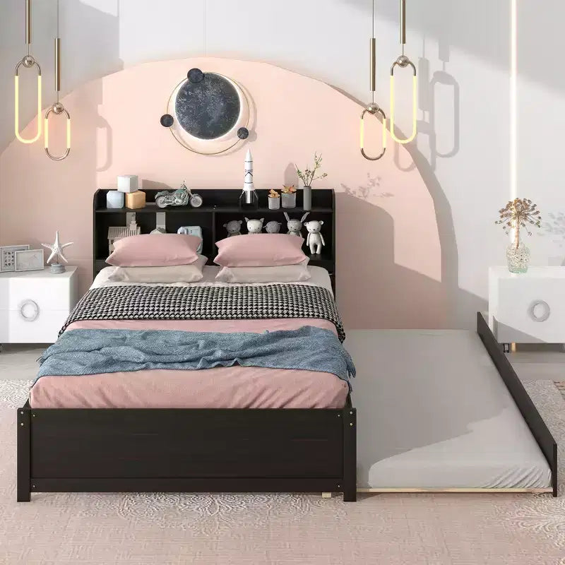 Letto a piattaforma matrimoniale in legno naturale con testiera contenitore e letto estraibile, 2 posti letto