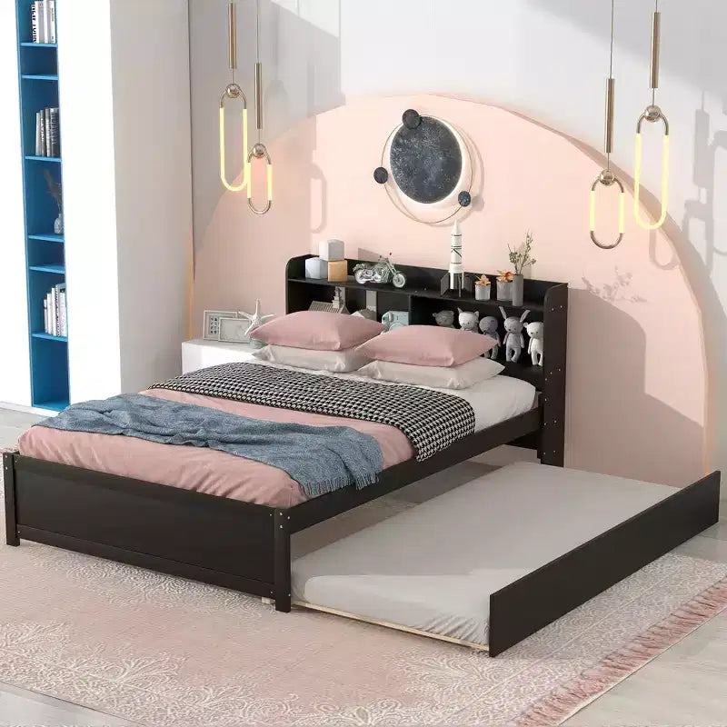 Letto a piattaforma matrimoniale in legno naturale con testiera contenitore e letto estraibile, 2 posti letto