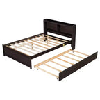 Letto a piattaforma matrimoniale in legno naturale con testiera contenitore e letto estraibile, 2 posti letto