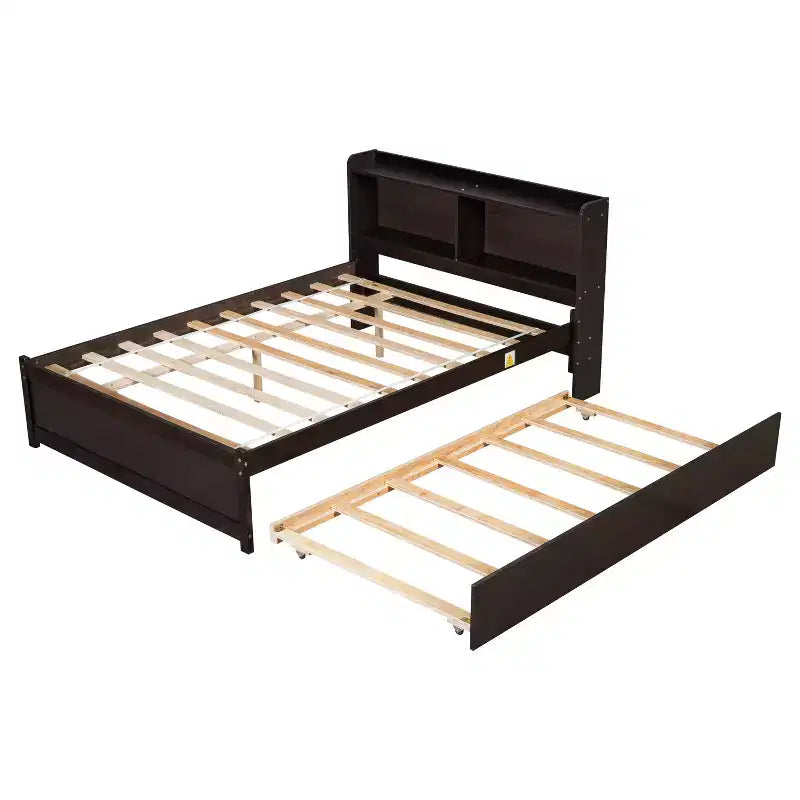 Letto a piattaforma matrimoniale in legno naturale con testiera contenitore e letto estraibile, 2 posti letto