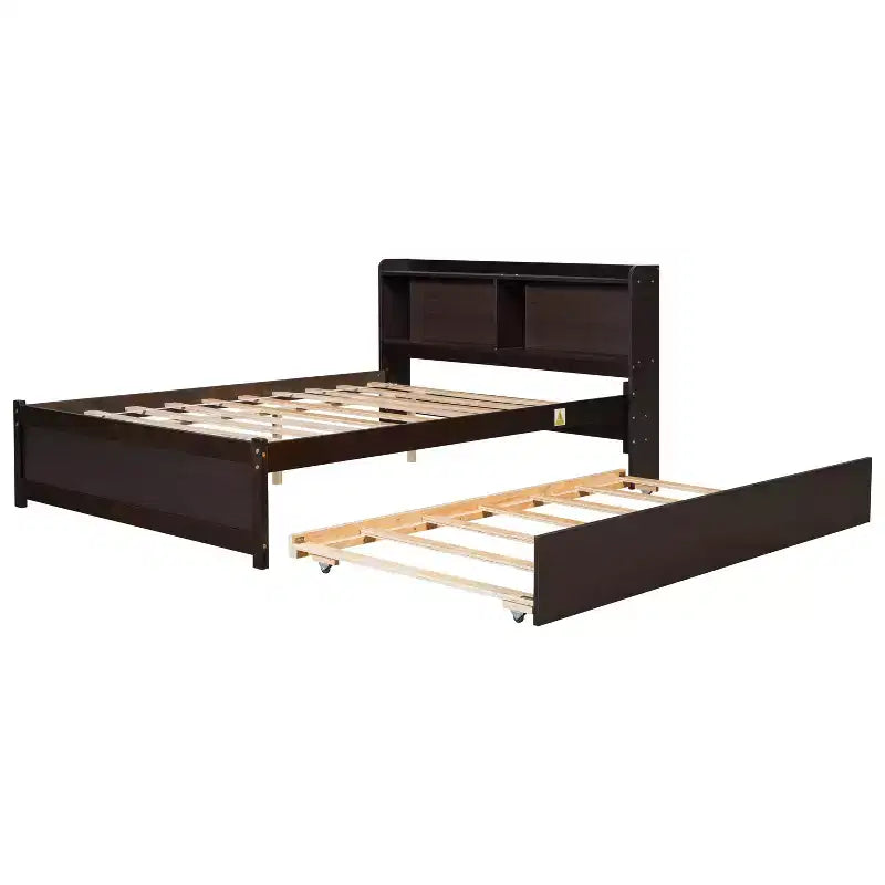 Letto a piattaforma matrimoniale in legno naturale con testiera contenitore e letto estraibile, 2 posti letto