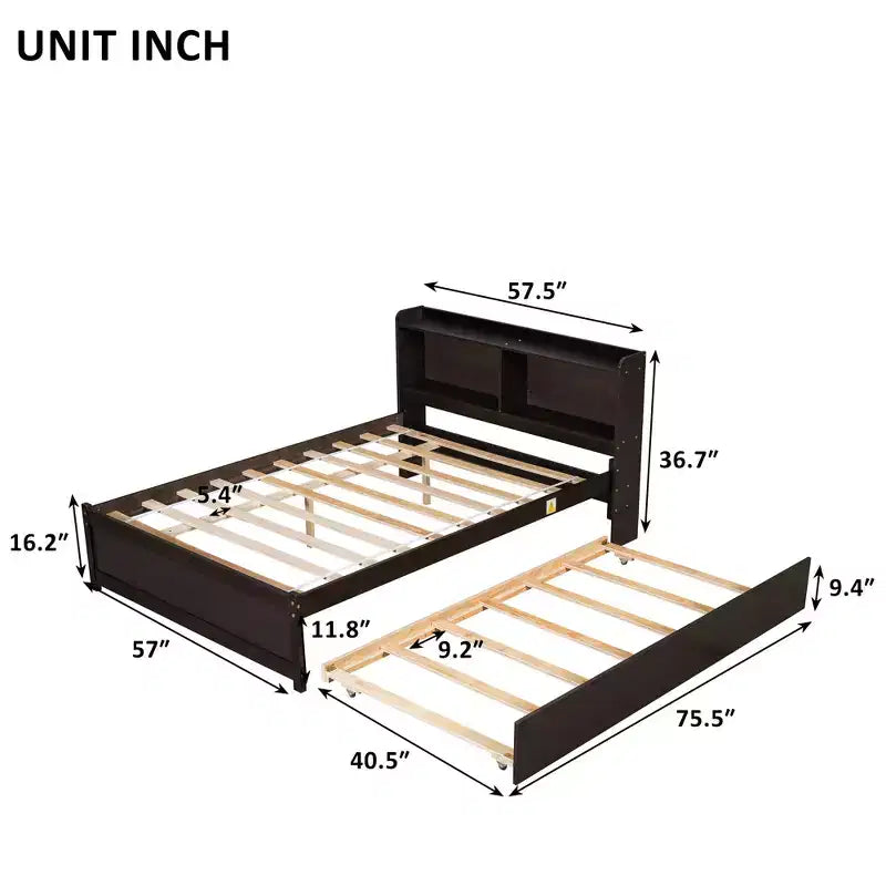 Letto a piattaforma matrimoniale in legno naturale con testiera contenitore e letto estraibile, 2 posti letto