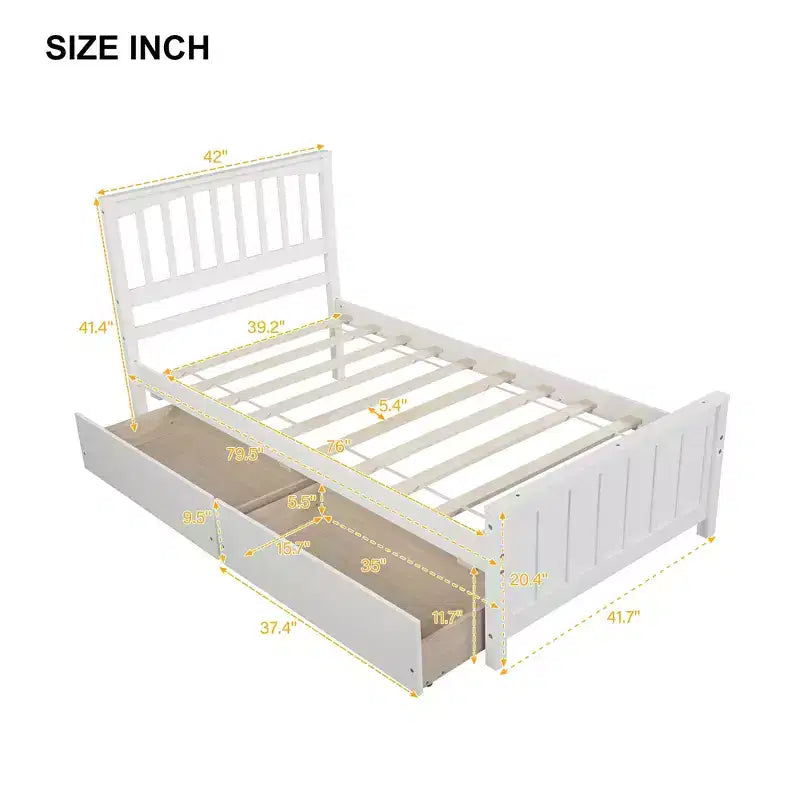 Letto a piattaforma singolo grigio/bianco con 2 cassetti portaoggetti, per 1 persona