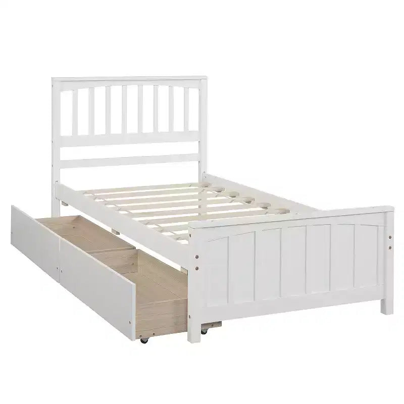 Letto a piattaforma singolo grigio/bianco con 2 cassetti portaoggetti, per 1 persona