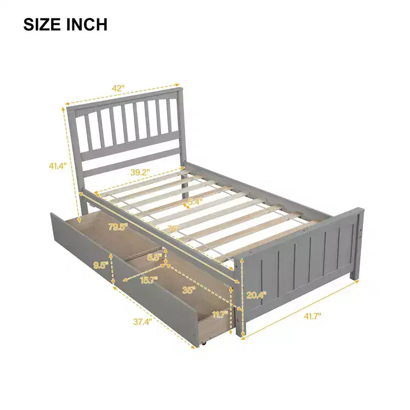 Letto a piattaforma singolo grigio/bianco con 2 cassetti portaoggetti, per 1 persona