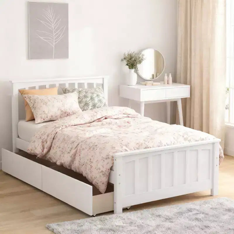 Letto a piattaforma singolo grigio/bianco con 2 cassetti portaoggetti, per 1 persona