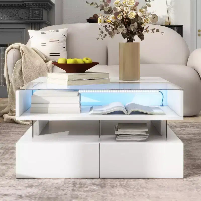 Tavolino da caffè quadrato con piano sollevabile, luci a LED, cassetti e vano portaoggetti nascosto, bianco e nero, per 1