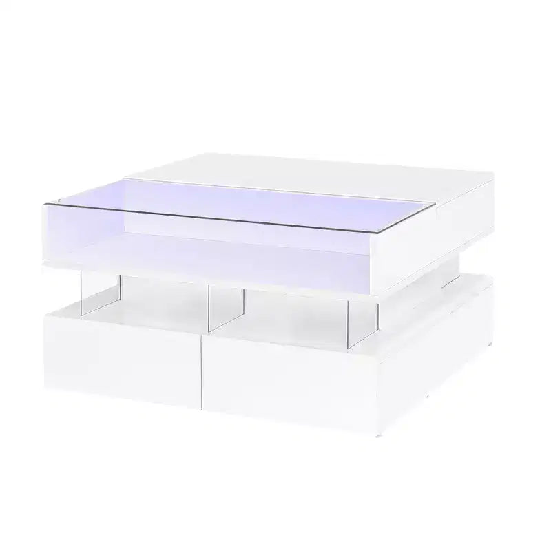 Tavolino da caffè quadrato con piano sollevabile, luci a LED, cassetti e vano portaoggetti nascosto, bianco e nero, per 1