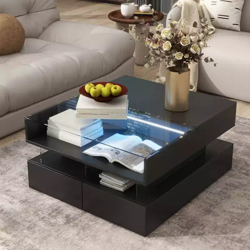 Tavolino da caffè quadrato con piano sollevabile, luci a LED, cassetti e vano portaoggetti nascosto, bianco e nero, per 1