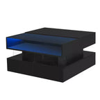 Tavolino da caffè quadrato con piano sollevabile, luci a LED, cassetti e vano portaoggetti nascosto, bianco e nero, per 1