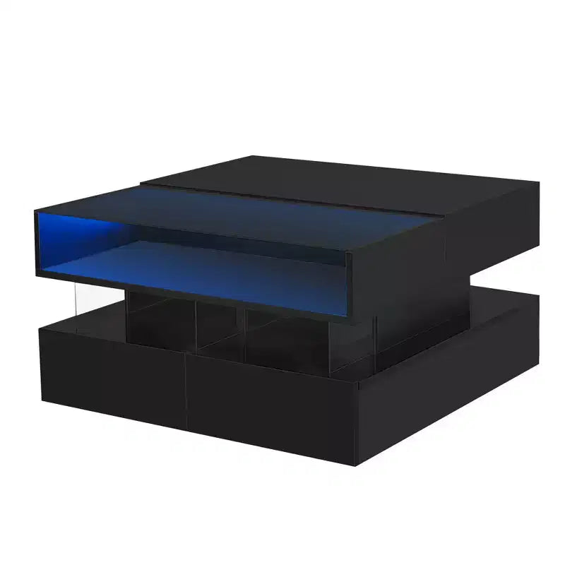 Tavolino da caffè quadrato con piano sollevabile, luci a LED, cassetti e vano portaoggetti nascosto, bianco e nero, per 1