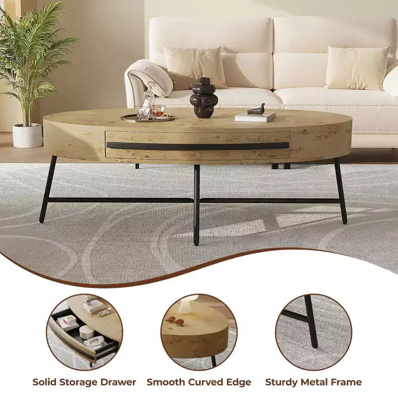 Tavolino da Caffè Ovale Giallo in Legno con Cassetto, Stile Mid-Century, 120 cm
